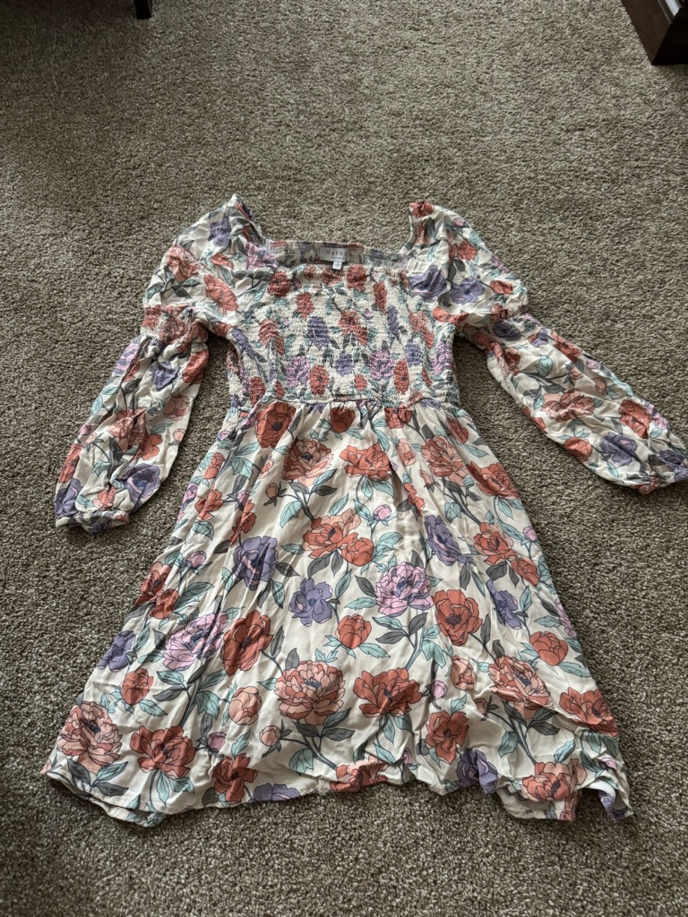 Hayden Cream Floral Smocked Dress with Coral & Lavender Blooms